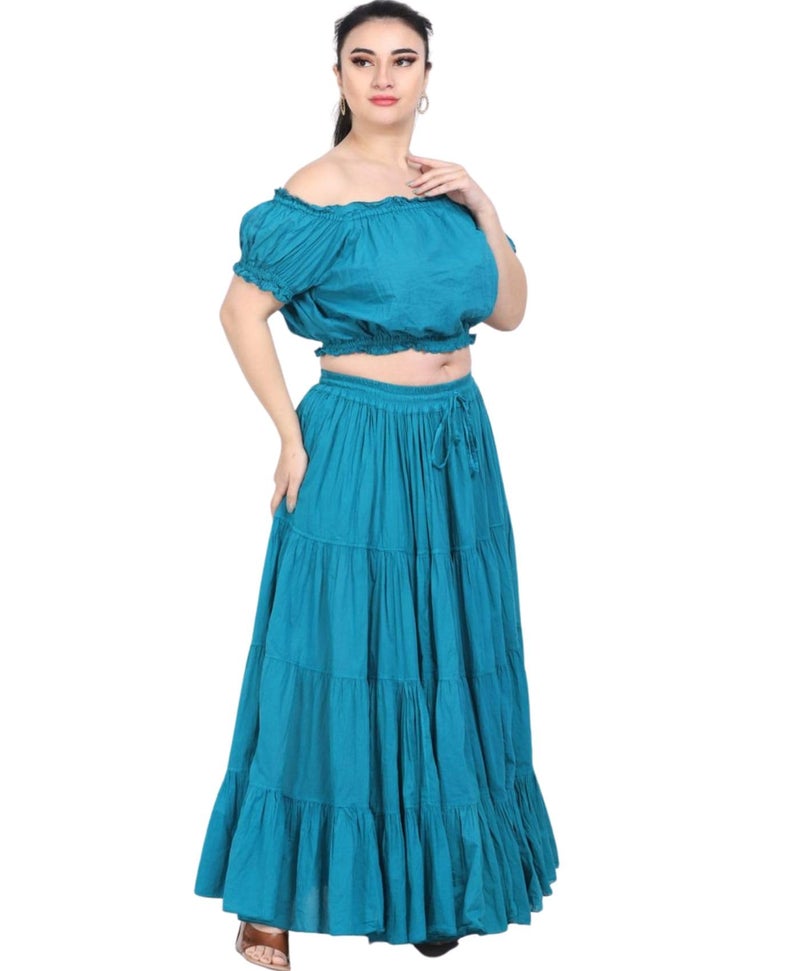 WevezÂ® Women's Plus Size Cotton Skirt 25 Yard Long Flowy Solid Color Renaissance fair Skirt (Teal) - Image 2
